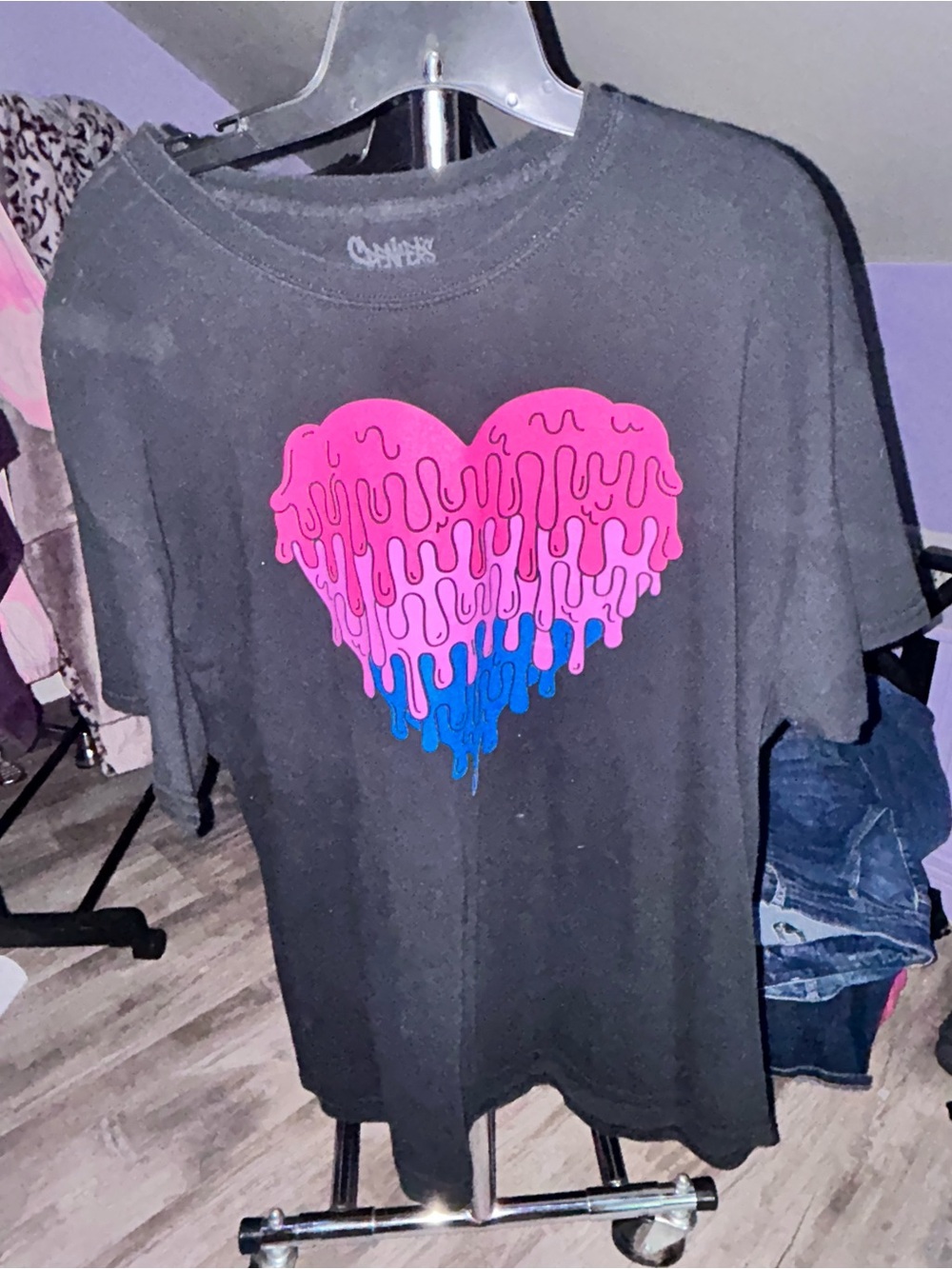Spencer's Black Tee with Pink & Blue Drip Heart